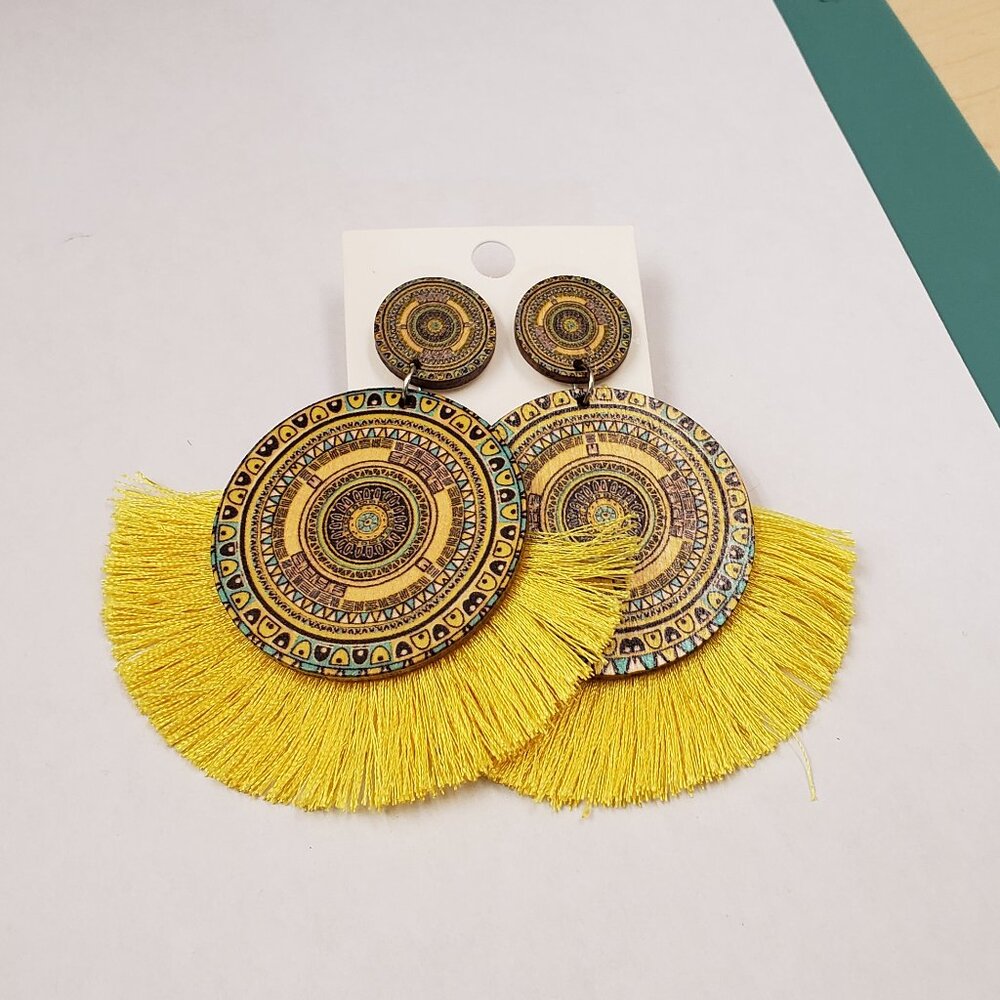 Yellow Boho earrings, handmade, yellow medallion fringe boho hippie earrings